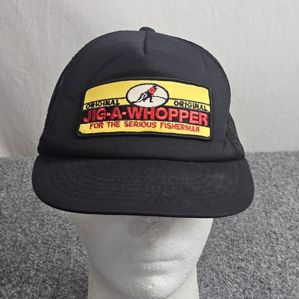 Vintage Jig-A-Whopper Trucker Hat Black Fishing Snapback 90s Outdoor Cabin Patch